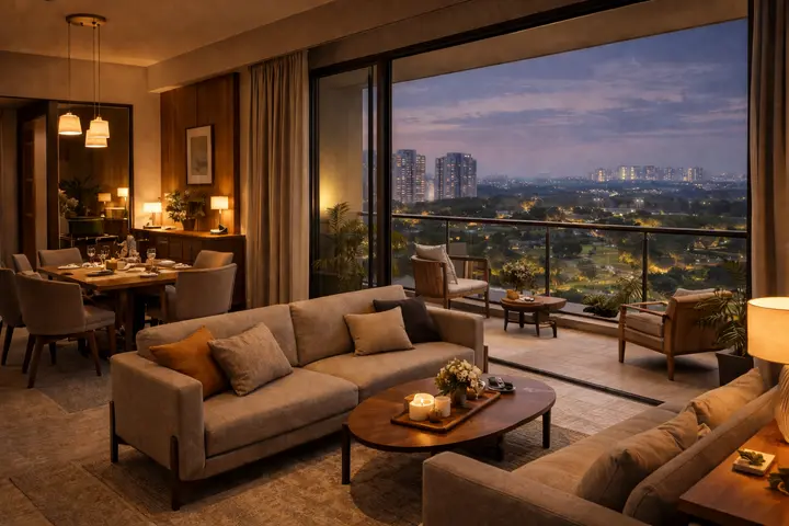 Godrej Aveline 3 BHK living room render with floor-to-ceiling glazing and a balcony view over the central amenity spine Godrej Aveline 3 BHK living room render with floor-to-ceiling glazing and a balcony view over the central amenity spine